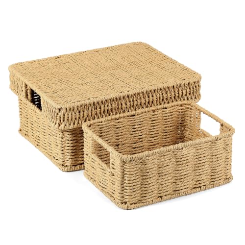 Wicker Storage Basket with Lid for Shelves, Set of 2, Natural | One rectangular wicker basket with lid and one open basket for decorative shelf storage; removable lid flips into a tray. - color: Natural, size: 12″× 10″× 5.5″