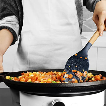 oannao Silicone Cooking Utensils Set - 446°F Heat Resistant Silicone Kitchen Utensils for Cooking,Kitchen Utensil Spatula Set w Wooden Handles, BPA FREE Gadgets for Non-Stick Cookware (Navy Blue) - color: Navy Blue