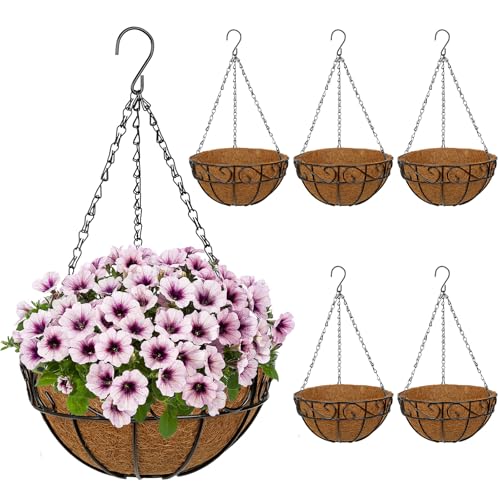 6 Pack 10 inch Metal Hanging Baskets for Plants, Round Metal Wire Hanging Basket Planter with Coco Fiber Liners Chain for Garden Home Porch Patio, Flower Border - size: 10" x 6 Pack, style: Flower Border