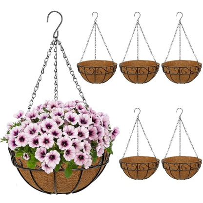 6 Pack 10 inch Metal Hanging Baskets for Plants, Round Metal Wire Hanging Basket Planter with Coco Fiber Liners Chain for Garden Home Porch Patio, Flower Border - size: 10" x 6 Pack, style: Flower Border