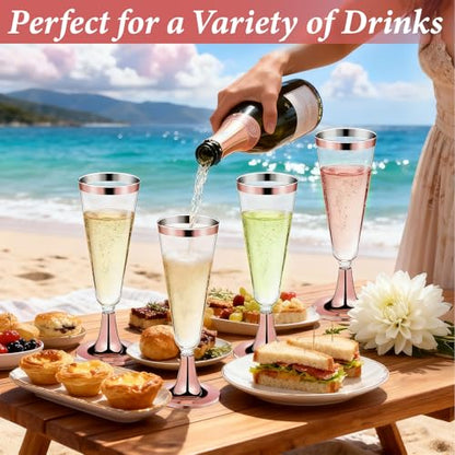GuanQiao 100 Pack Plastic Champagne Flutes with Rose Gold Rim Pink Bottom, 5.5 Oz Clear Disposable Plastic Champagne Glasses, Wine Glasses Cups for Wedding Celebration New Years Eve Party Supplies - color: Pink Bottom Pink Rim, size: 100-Pack