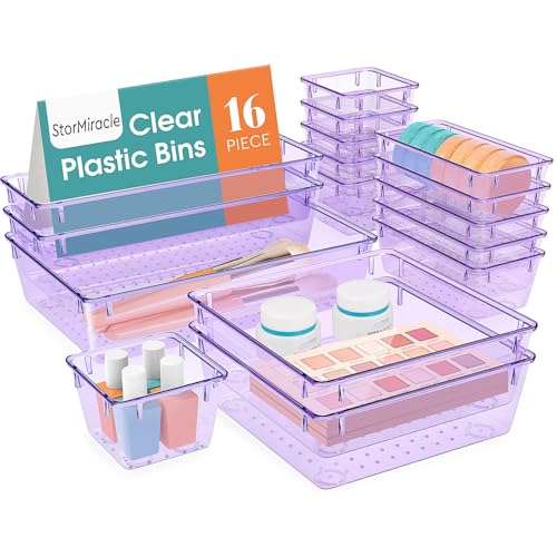 16 PCS Drawer Organizer Set, 5 Size Bathroom and kitchen organizer Trays | Bathroom and kitchen Drawer cabinet organizer Trays, Clear Storage Bins for Makeup, Jewelry, Utensils and Gadgets - color: Purple, size: 16 PCS