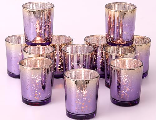 Volens Purple and Gold Party Decorations 12pcs Glass Votive Candle Holders | Speckles Mercury Glass Tealight Candle Holders Bulk for Tabletop, Wedding Centerpiece, Purple and Gold Decor - color: Purple+gold, size: Cylinder--2.17"W x 2.67"H