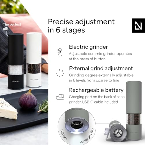 LARS NYSØM Electric Salt and Pepper Grinder Set I Automatic Salt and Pepper Mills with Adjustable Ceramic Grinder I USB Rechargeable Electric Spice Mill Set with LED Light (Ash Gray) - color: Ash Gray, size: Set of two electric mills