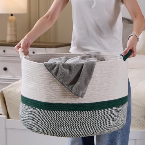 Extra Large Nursery Storage Basket, 20 x 20 x 13.8 inches - 100% Cotton Rope Baskets with Handles, Blanket Basket for Toys, Blankets & Pillows (Green) - color: Green