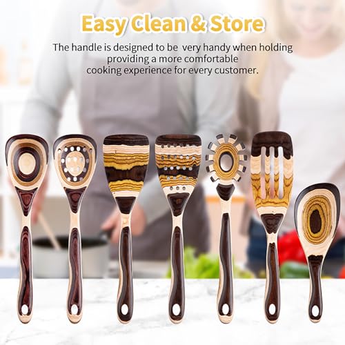 Gudamaye 7-Piece Brown Pakkawood Utensils Set – Sturdy, Eco-Friendly, Wooden Spoons for cooking, Wooden Utensil for cooking, Wooden Kitchen Tool, Home & Kitchen Gifts for Men and Women - style: Pakkawood 7 PCS Brown