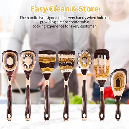 Gudamaye 7-Piece Brown Pakkawood Utensils Set – Sturdy, Eco-Friendly, Wooden Spoons for cooking, Wooden Utensil for cooking, Wooden Kitchen Tool, Home & Kitchen Gifts for Men and Women - style: Pakkawood 7 PCS Brown