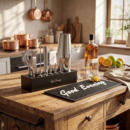 Premium 18-Piece Bartender Kit - Mixology Cocktail Shaker Set with Modern Bamboo Stand, Weighted Boston Shaker, Bar Mat & Recipe Book | 304 Stainless Steel Home Bar Accessories