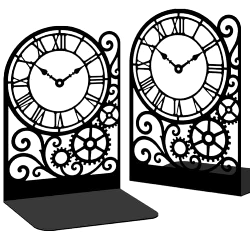 Clock Metal Bookends for Shelves, Timeless Clock Design Book Ends for Bookshelf Decorative Books, Book Ends for Heavy Books Used for Home Office Desk Organizer and Library Decor - style: Clock