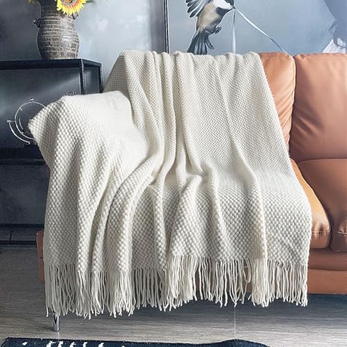 LOMAO Knitted Throw Blanket with Tassels Bubble Textured Lightweight Throws for Couch Cover Home Decor (Cream, 60x80) - color: Cream, size: 60x80"