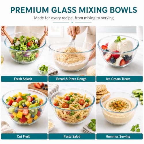 Luvan Glass Mixing Bowls with Lids Set(4.5QT, 2.7QT, 1.1QT)-Large Glass Mixing Bowls, Clear Salad Bowl for Baking, Cooking, Serving, Food Prep, 3PC Nesting Bowls for Kitchen Storage & Dishwasher Safe - color: 3 Pack Clear Blue