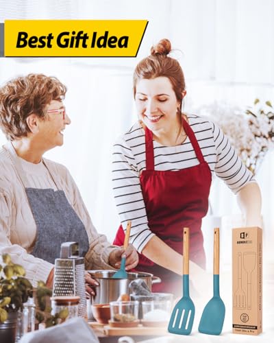Pack of 2 Silicone Cooking Spatula, Heat Resistant Solid Turner, Non Stick Slotted Spatulas with Wooden Short Handle,Ideal Wood Kitchen Utensils Set for Frying, Baking, Flipping, Turning - color: Blue