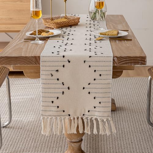 Joyfol Day Boho Table Runner, Farmhouse Stripe Cotton Table Runners with Tassels for Home Dining Table Decor, Rustic Natural Woven Dresser Scarf (Beige&Black,13 x 36 Inch) - size: 13 X 36 INCH