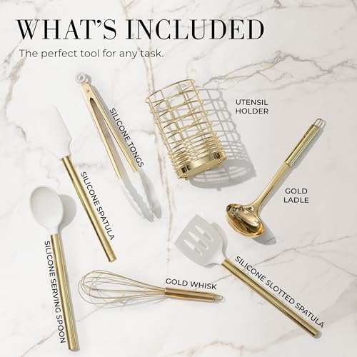 Styled Settings White and Gold Kitchen Utensils, 7-Piece | Nonstick Silicone Cooking Utensils Set with Gold Utensil Holder, White and Gold Kitchen Accessories for Modern Kitchens - color: White and Gold