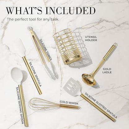 Styled Settings White and Gold Kitchen Utensils, 7-Piece | Nonstick Silicone Cooking Utensils Set with Gold Utensil Holder, White and Gold Kitchen Accessories for Modern Kitchens - color: White and Gold