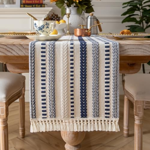 Caflife Boho Table Runner 60 Inchs Long, Navy Blue and Beige Cotton Linen Blend Woven Modern Rustic Farmhouse Decorative Dresser and Coffee Table Runner for Kitchen, Dining Room Home Decor - color: Navy Blue, size: 13x60Inch
