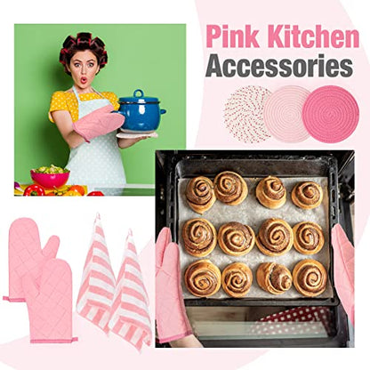 Zubebe Pink Oven Mitts and Pot Holders with Kitchen Towels Set of 7, Valentine's Day Gift for Women Heat Resistant Oven Gloves Kitchen Hand Towels Hot Pads for Cooking Baking(Plaid) - style: Plaid