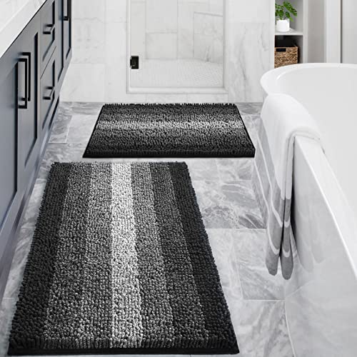 Black Bathroom Rug Set 2 Piece, Chenille Non Slip Bath Mat Set, Absorbent Shower Rug and Bath Room Floor Mats, Quick Dry Bathmat Bathroom Decor Accessories for Tub, 16" x 24", 20" x 32" - color: Black, size: 16" x 24" + 20" x 32"