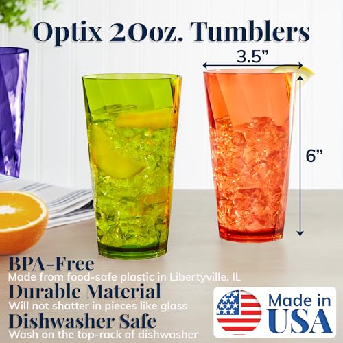 US Acrylic Optix Plastic Reusable Drinking Glasses (Set of 8) 20oz Water Cups in Jewel Tone Colors | BPA-Free Tumblers, Made in USA | Top-Rack Dishwasher Safe - size: 20 ounces