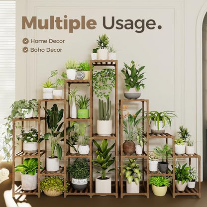 Bamworld Plant Shelf Indoor Large Plant Shelf Tall Flower Stands 16 Pots Outdoor Plant Rack for Garden Balcony Patio Window Living Room Corner Wood
