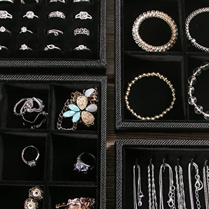 Julysky 4 Pcs/set Stackable Jewelry Organizer Trays for Drawer,100 Slots Ring Tray，Necklace Tray,12 Grid,24 Grid Jewelry Displays for Selling,Black - size: 100slot+Necklice+12grid+24grid