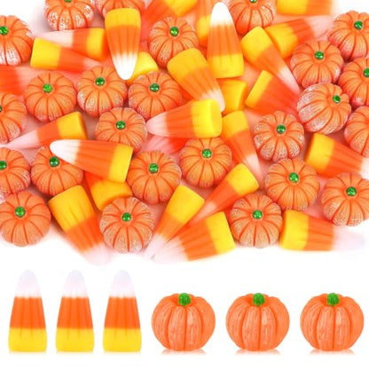 JUNEBRUSHS 50 Pcs Fake Candy Corns Artificial Pumpkin Resin Ornaments | Realistic and Lovely Appearance, Vase Filler, Halloween Fall Crafts Table Decorations - style: Corns Pumpkin Style
