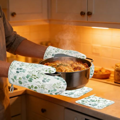 Eucalyptus Leaves Oven Mitts and Pot Holders Sets,Extra Long Watercolor Green Leaf Kitchen Mittens for Cooking,Thick Cotton Heat Resistant Silicone Cooking Utensils Set for Baking Cooking Grilling - color: Eucalyptus Leaves