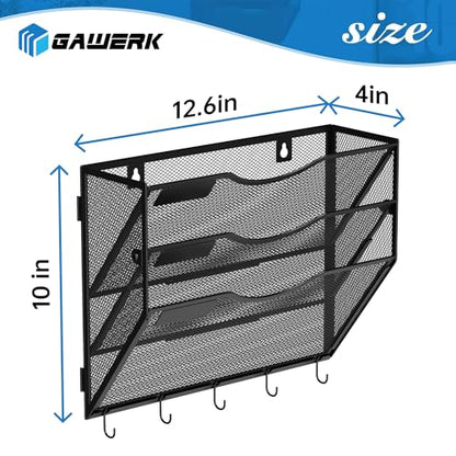 Gawerk Hanging Wall File Organizer, 3 Tier | 5 Hooks, Wall Mounted, Sturdy Mesh, For Office Home - size: 3 Tier