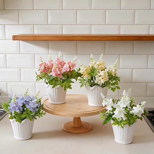 4PCS Artificial Spring Flowers with Ceramic Pot, Spanish Dagger Plants | Centerpiece Table Decorations – Faux Flowers in Ceramic Vase for Dining Table, Coffee Table, Home, Office & Spring Decor