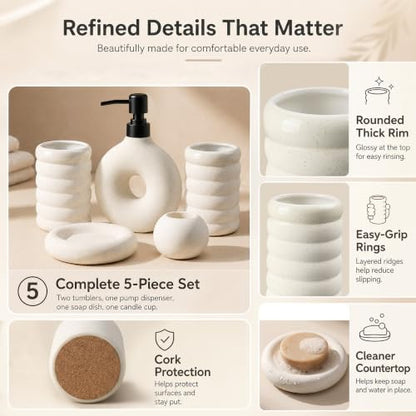 5 Pcs Ceramic Bathroom Accessories Set, White Bathroom Soap Dispenser Set | Soap Dispenser 16Oz, Toothbrush Cup, Toothbrush Holder, Soap Dish, Candle Holder,Modern Bathroom Accessory Set for Countertop - color: White-002
