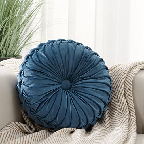 MOJUN Velvet Throw Pillow - Round, Pleated, Filled - Home Decorative Cushion for Couch, Chair, Bed, Car, Floor (Blue, 14inch) - color: B Blue