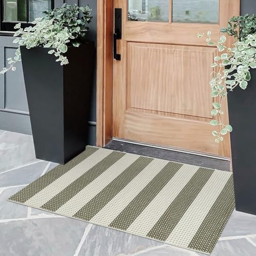 Front Door Mat 24"x36" Outdoor Doormat Striped Porch Rugs Fall Decor | Washable Rug Door Mat Outside Entrance Cotton Indoor Outdoor Rugs Small Area Rug for Kitchen Entryway Patio Green/White - color: Green/Tan/White, size: 2' x 3' (Rectangular)