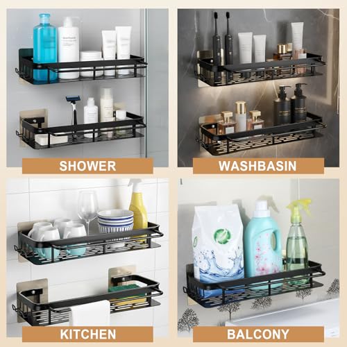 No-Drill Adhesive Shower Caddy, Black Aluminum Shelves 2-Pack | Heavy-duty rustproof shower organizer fits large bottles. Smooth safe edge & slatted fast-drain base with hooks, towel bar