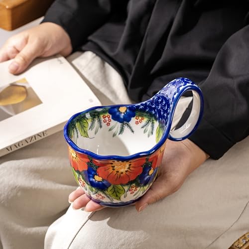18oz Large Ceramic Soup Mug with Handle, Hand-Painted Floral Style Bowl, High-Fired Stoneware, Microwave & Dishwasher Safe, Ideal for Soup, Cereal, Oatmeal, Stews, and Gifts - color: Red & Blue Fiesta