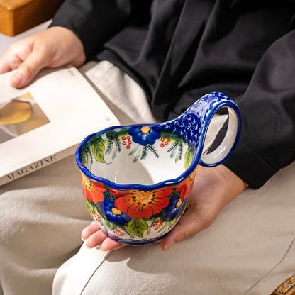 18oz Large Ceramic Soup Mug with Handle, Hand-Painted Floral Style Bowl, High-Fired Stoneware, Microwave & Dishwasher Safe, Ideal for Soup, Cereal, Oatmeal, Stews, and Gifts - color: Red & Blue Fiesta