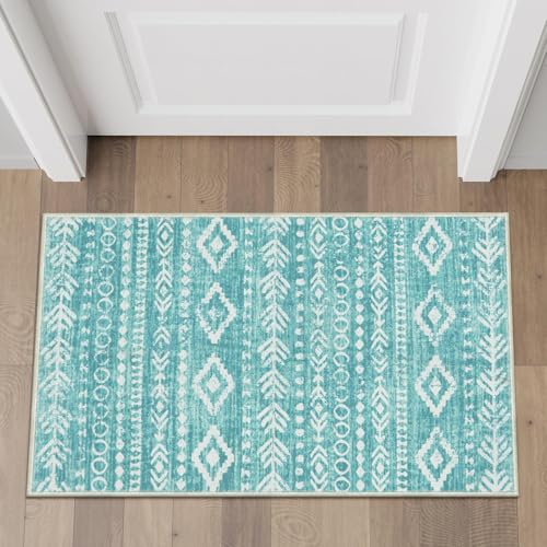 Lahome 2x3 Rustic Geometric Teal/White Area Rug, Machine Washable, Non-Slip Backing, Boho Print Design, Ultra-Thin Soft Indoor Entrance Rug - color: Teal/White, size: 2' x 3'