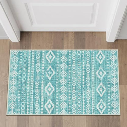 Lahome 2x3 Rustic Geometric Teal/White Area Rug, Machine Washable, Non-Slip Backing, Boho Print Design, Ultra-Thin Soft Indoor Entrance Rug - color: Teal/White, size: 2' x 3'