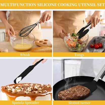 Silicone Kitchen Cooking Utensils Set with Stainless Steel Handle, Spatula Set Utensil Set, Cooking Utensil Set,Kitchen Tools Gadgets for Nonstick Cookware (35, Black) - color: Black