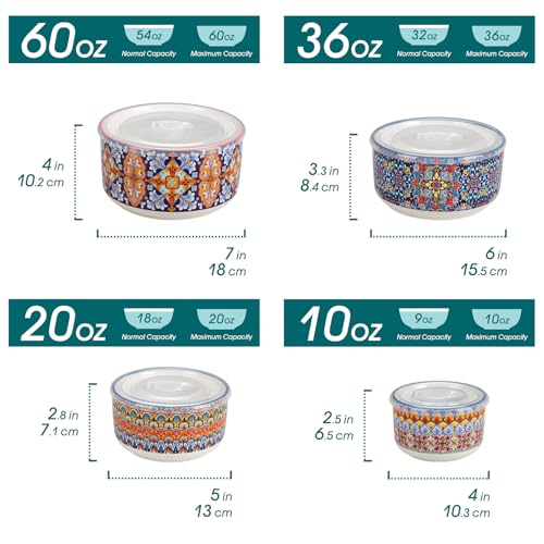 vancasso SIMI Serving Bowls with Lids, Ceramic Mixing Bowls Set of 4, Boho | Nesting Bowls for Food Storage, Prep, Stackable Bohemian Bowls, Dishwasher & Microwave Safe Gift Set, 60/36/20/10 OZ - size: 60/36/20/10 OZ (Set of 4)