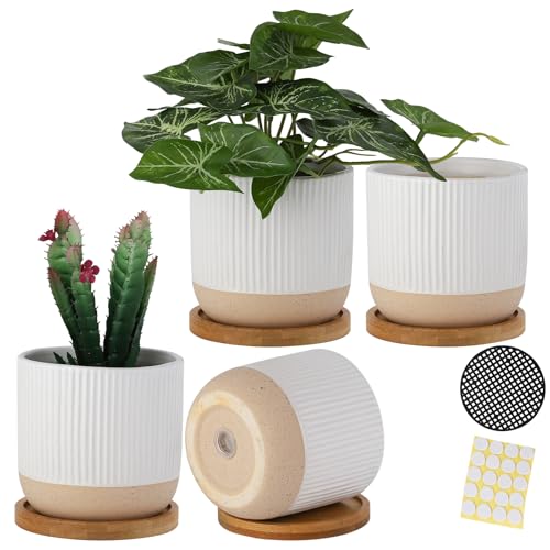 4" White Ceramic Plant Pots with Drainage Holes & Trays Set of 4 | Modern Small Minimalist Flower Planter Pot with Saucers for Indoor Plants, Succulent, Snake Plants, Cactus & Herbs - color: Vertical Stripes - White