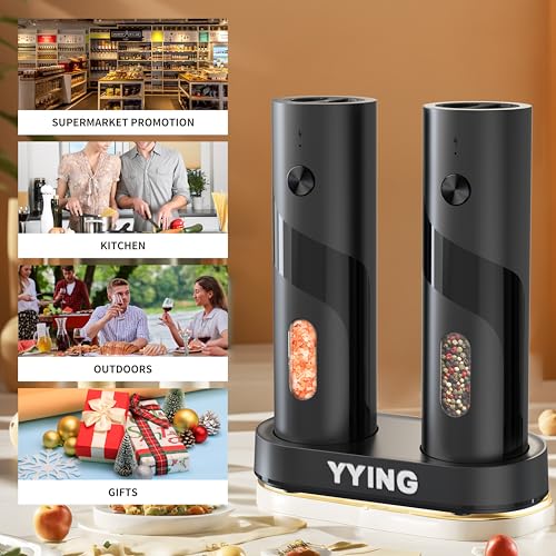 Electric Salt and Pepper Grinder Set Automatic Pepper Mill Grinder | Charging Base & LED Light, Adjustable Coarseness, Large Capacity, One-handed Operation, for Kitchen, Restaurant, Outdoor