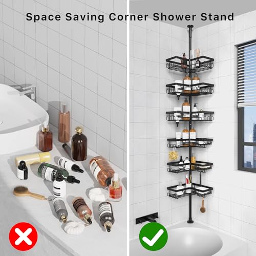 KEGII Corner Shower Caddy Tension Pole, 6-Tier Bathroom Organizer, Black | Floor to Ceiling Design with Rustproof Waterproof Finish, Adjustable 25-114.2 inch Pole for Shampoo, Towels and Essentials