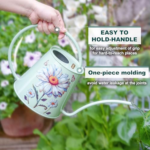 Berry&Bird 2L Long Spout Watering Can, Stainless Steel (Bellis Perennis) | 2L stainless steel watering can, long narrow spout, elegant print, curved handle, leakproof, houseplant watering & decor - color: Bellis Perennis