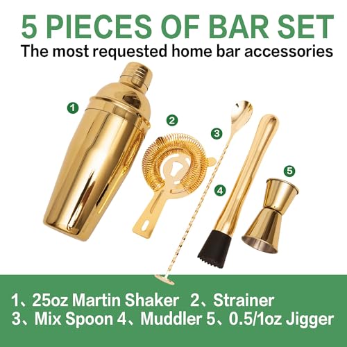 Cocktail Shaker Set Bartender Kit,5 Piece Bar Set Stainless Steel Bar Tools Set for Professional Bartender and Home (Gold, 5-Piece) - color: Gold