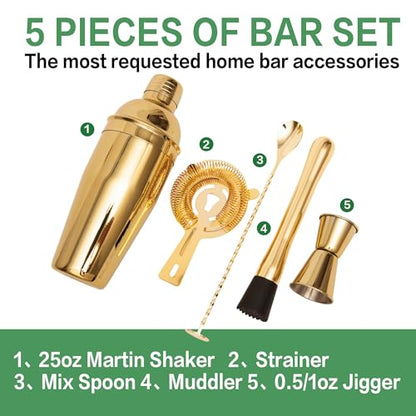 Cocktail Shaker Set Bartender Kit,5 Piece Bar Set Stainless Steel Bar Tools Set for Professional Bartender and Home (Gold, 5-Piece) - color: Gold