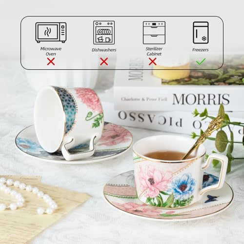 KAMMAK Tea Cups and Saucers Set of 2, Porcelain Coffee Cups, NX045 | Gold Rim, Stackable Espresso Mugs, Ceramic Demitasse for Coffee, Latte, Americano, Afternoon Tea, Elegant Gift for Women - size: 8CZNX045+46