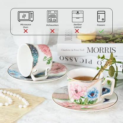 KAMMAK Tea Cups and Saucers Set of 2, Porcelain Coffee Cups, NX045 | Gold Rim, Stackable Espresso Mugs, Ceramic Demitasse for Coffee, Latte, Americano, Afternoon Tea, Elegant Gift for Women - size: 8CZNX045+46