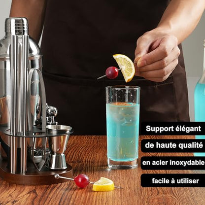 23-Piece Cocktail Shaker Set with Stand, 304 SS, Bartender Kit Gift | Complete Home Bar Set: Leak-proof Shaker, Jigger, Muddler, 18/8 Steel, Gift for beginners, cocktail lovers & house parties - color: chocolate-y