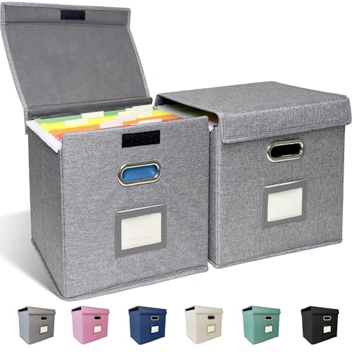 2 Pack Hanging File Folder Box with Lid, Durable Letter Size Filing Storage Box, Sturdy File Holder with Cardboard Support PVC Rails for Office Home Organizer, Gray - color: Gray