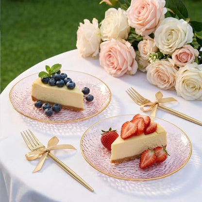 Rubtlamp 200Pcs Pink Plastic Dessert Plates with Gold Rim, 6inch Fancy Plastic Plates Include 100 Hammered Appetizer Plates and 100 Disposable Gold Forks for Party Teatime Birthday - color: Pink gold